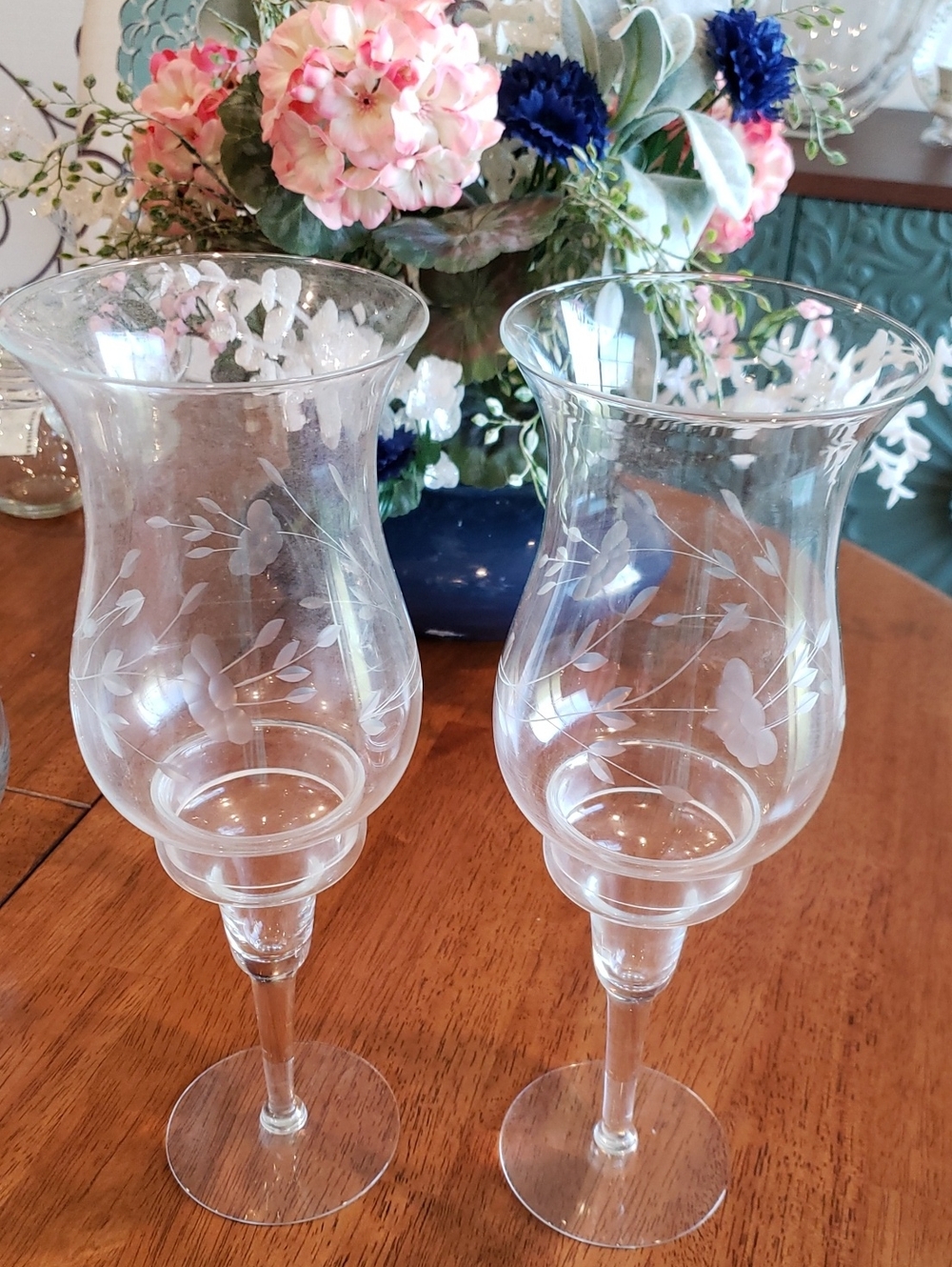 Princess House Heritage Hurricane Candle Holders - Etched Glass